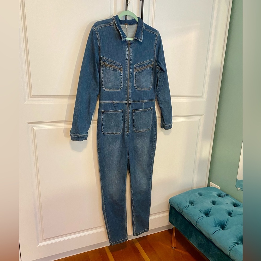 Free People long sleeve denim zip front romper jumpsuit size XL